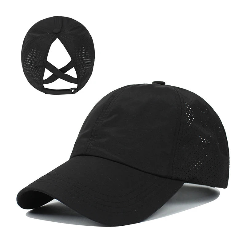Summer Sun Hat Women Cross Ponytail Baseball Cap Outdoor Sport Hat Breathable Quick-Dry Sun Hat Camping Hiking Running Golf Caps