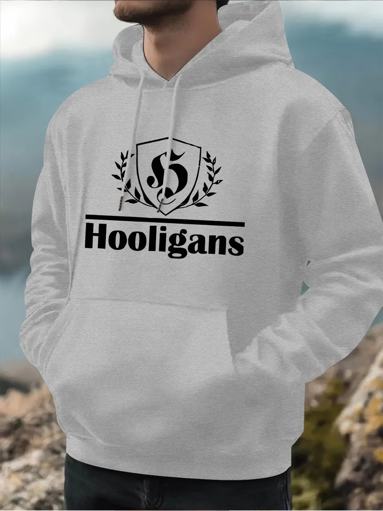 Men's Casual Hoodie HOOLIGANS Geometric Design Pullover for Fitness Training and Daily Wear Fashionable Street Style
