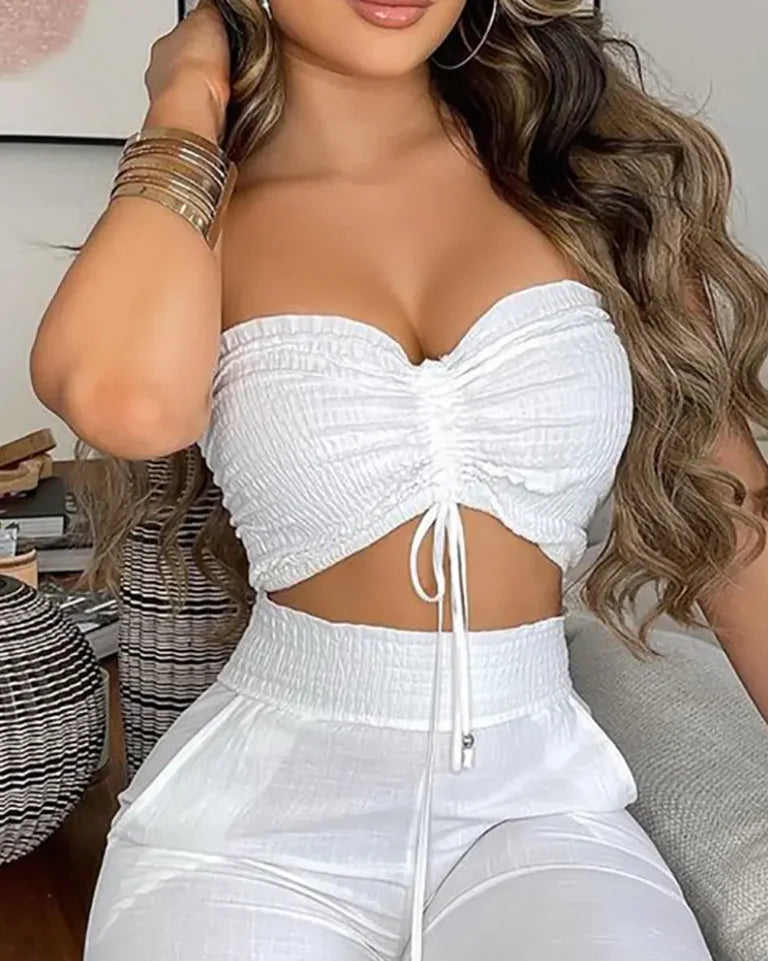 Two Piece Set Women Outfit Summer Fashion Drawstring Bandeau Sleeveless Crop Top & Casual Shirred High Waist Pants Sets
