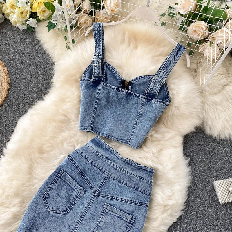 Skirt Sets Women Denim Skirts Two Piece Set Tanks Sleeve Less Slim Fit Vests High Waist Jeans Button Streetwear Summer
