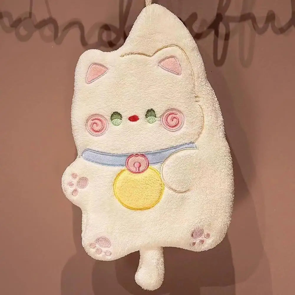 Kitchen Hand Towel Cartoon Cat Shape Highly Water Absorbent Face Washing Towel Coral Fleece Hanging Towel Home Decoration
