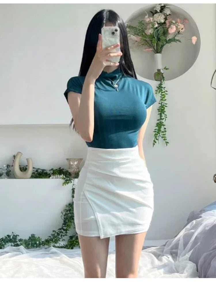 Female Streetwear Basics Versatile Tops Women Sexy Turtleneck Short Sleeve T-Shirts Solid Slim Fit Summer Causal Tees Shirts