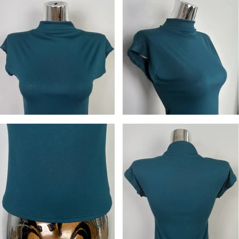 Female Streetwear Basics Versatile Tops Women Sexy Turtleneck Short Sleeve T-Shirts Solid Slim Fit Summer Causal Tees Shirts