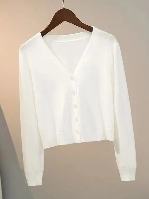 Sweater Knitted Cardigan Button Jacket 2025 Autumn Winter V-neck Long Sleeve Casual Short Tops For Women Sweater Grey White