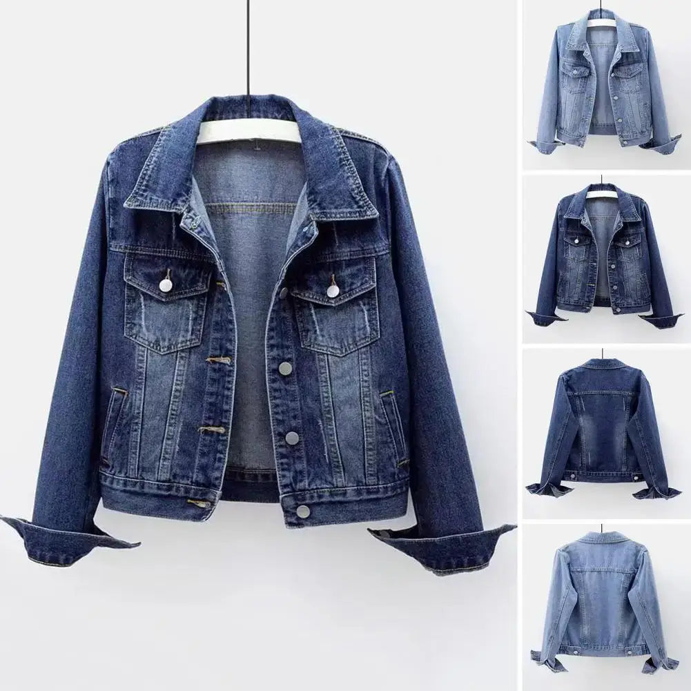Women Denim Jacket Single-breasted Chest Flap Pocket Jacket Long Sleeve Slim Short Coat Retro Ladies Denim Jackets Outerwear