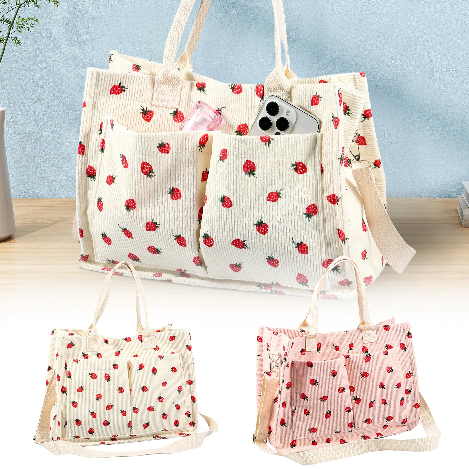 Tote Bag Cute Strawberry Patched Purse for Women Fabric Large Capacity Tote Purse Enduring Tote Bag with Adjustable Shoulder