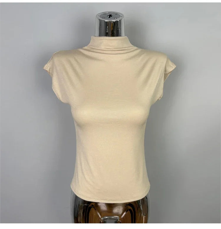 Female Streetwear Basics Versatile Tops Women Sexy Turtleneck Short Sleeve T-Shirts Solid Slim Fit Summer Causal Tees Shirts