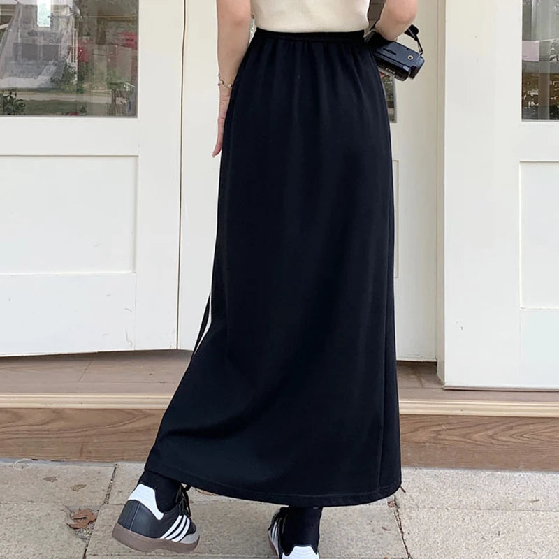 Qooth Women Sports style Elastic Waist Cotton A-line Skirt Elegant Split Long Skirt QT2155