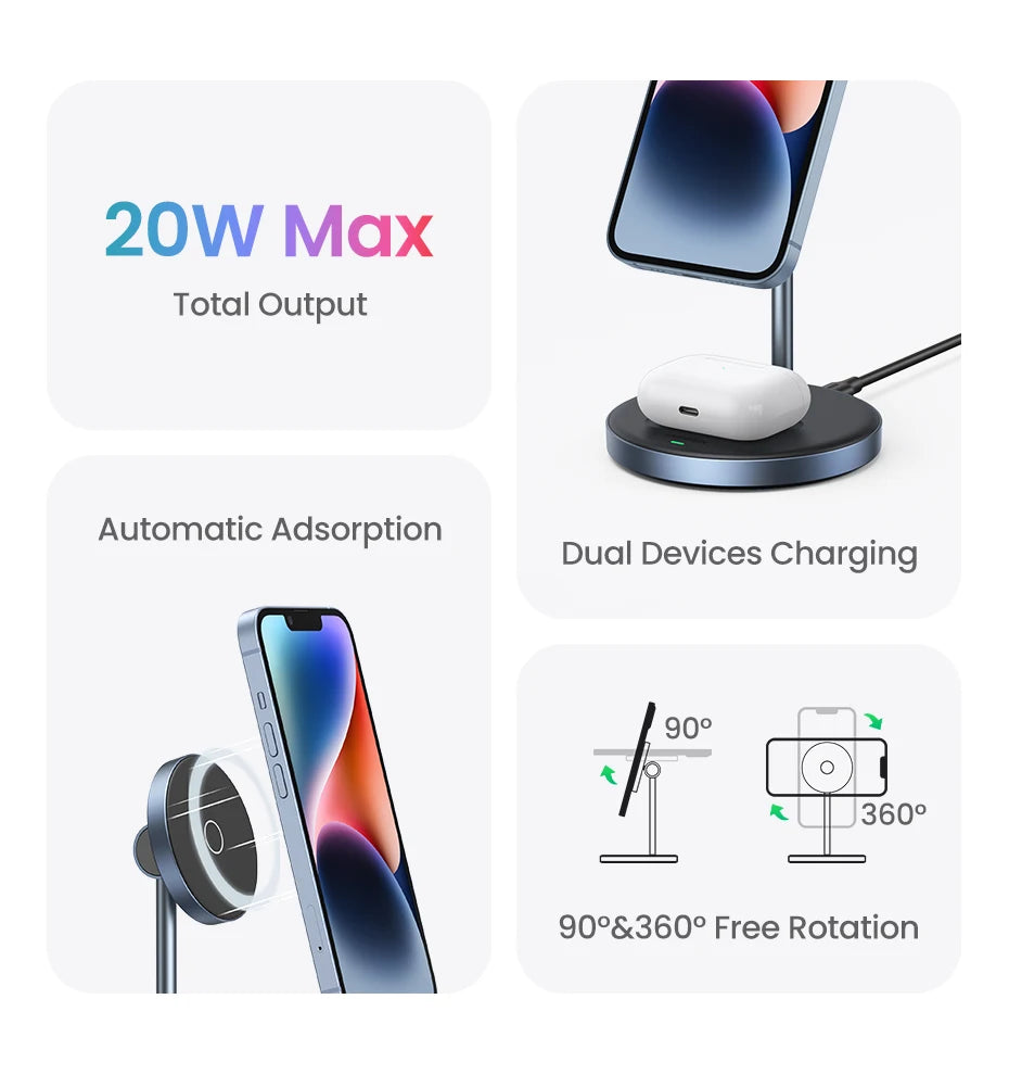 Magnetic Wireless Charger Stand 20W Max 2-in-1 Charging Stand For iPhone 16 15 Pro Max/iPhone 14/AirPods Fast Charger