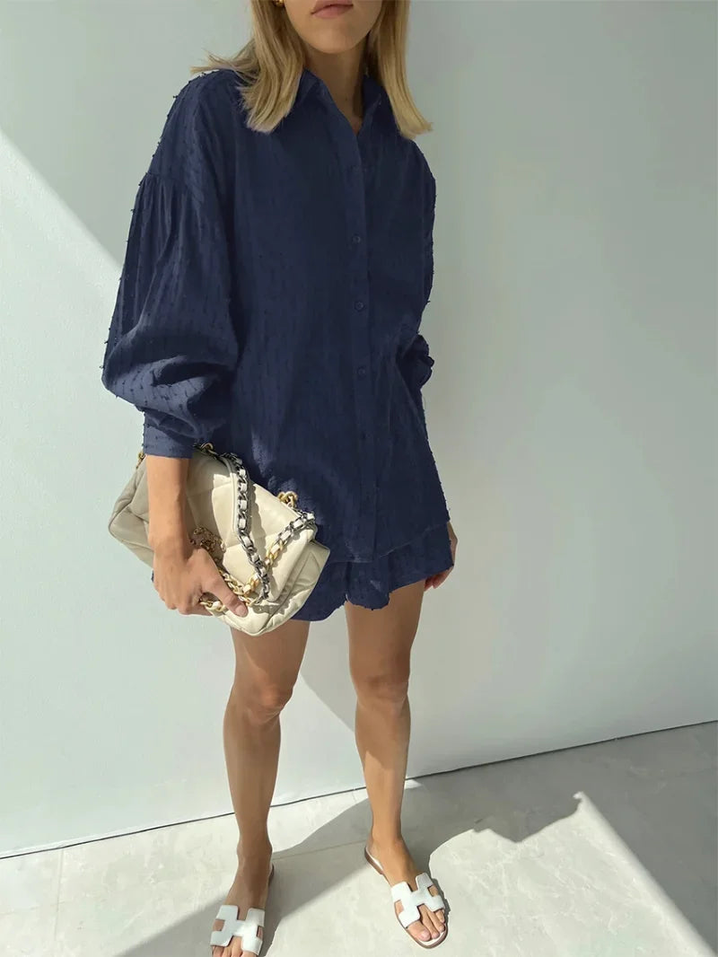 Women Jacquard Puff Sleeves Two Piece Sets for Summer Fashion Loose Shorts and Long Sleeved Shirt Outfits