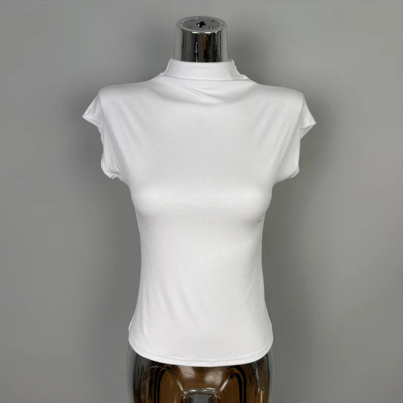 Female Streetwear Basics Versatile Tops Women Sexy Turtleneck Short Sleeve T-Shirts Solid Slim Fit Summer Causal Tees Shirts