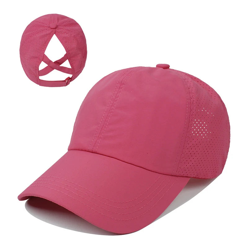Summer Sun Hat Women Cross Ponytail Baseball Cap Outdoor Sport Hat Breathable Quick-Dry Sun Hat Camping Hiking Running Golf Caps