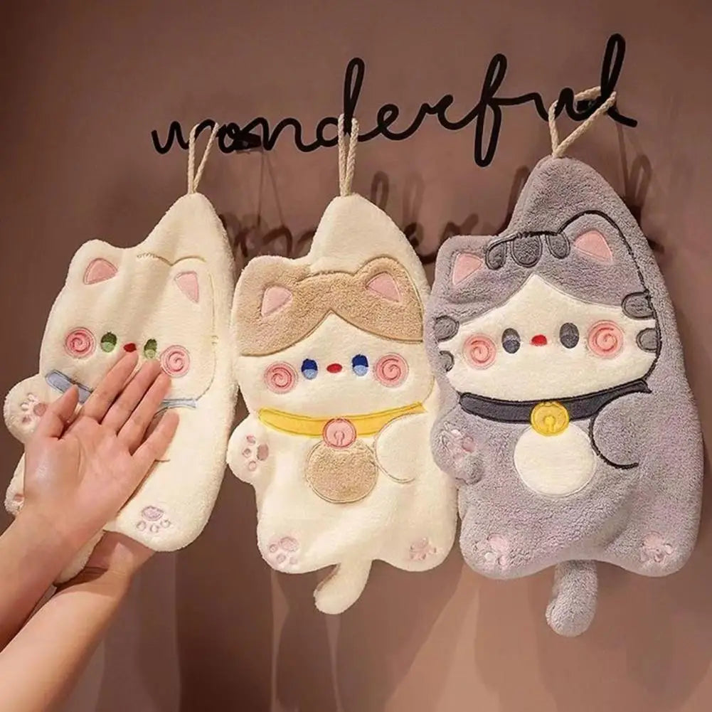 Kitchen Hand Towel Cartoon Cat Shape Highly Water Absorbent Face Washing Towel Coral Fleece Hanging Towel Home Decoration