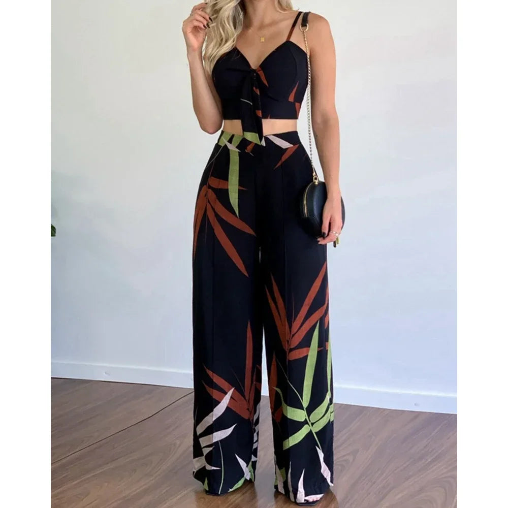 Summer Women Tropical Print Spaghetti Strap Casual Lace up Back Top &High Waist Pants Set 2 Pieces Suit Sets
