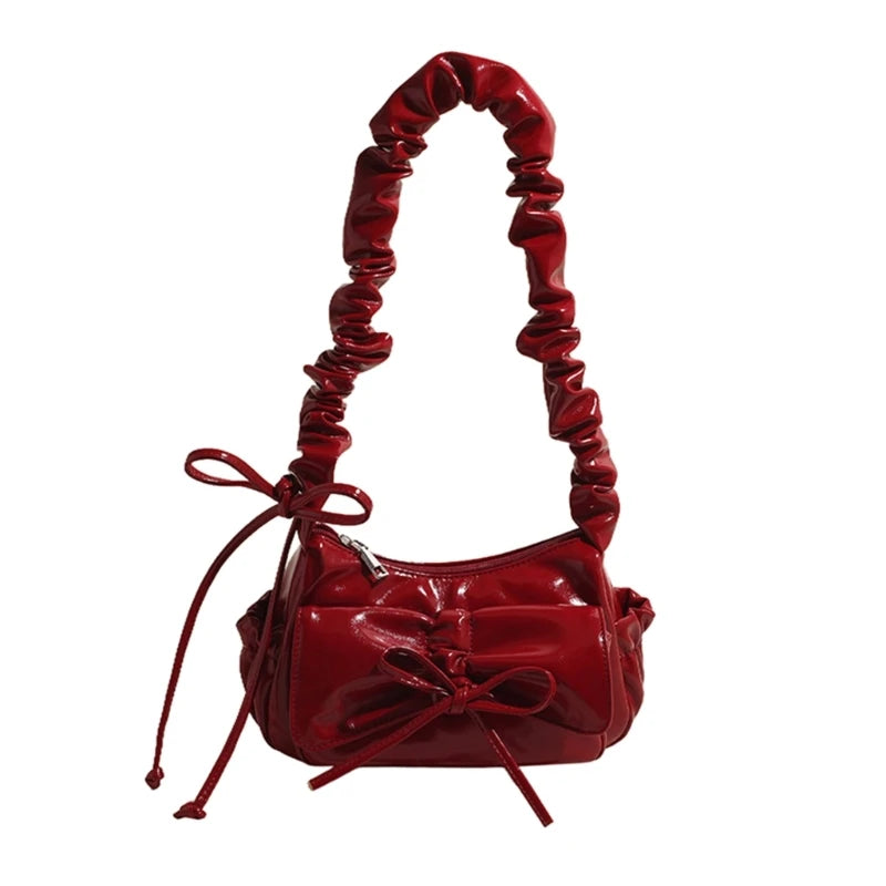 Stylish Casual Pleated Shoulder Bag with Novelty Bowknot PU Leather Handbag Purse for Female