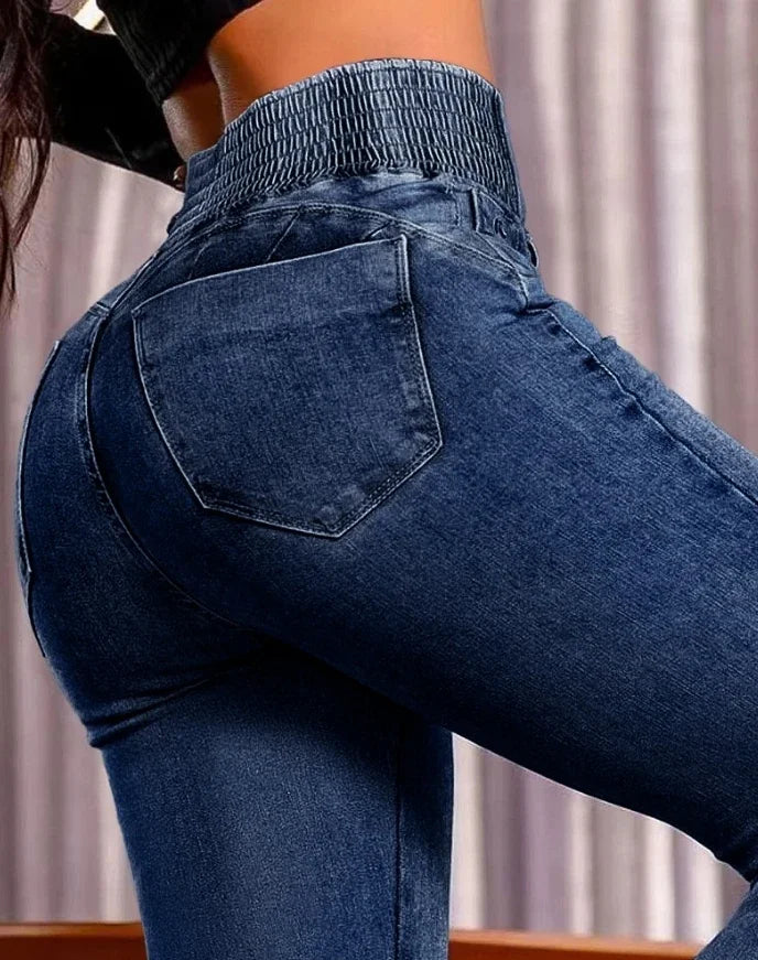 Sexy Elegant New Fashion 2024 Casual Female Trouser Bottom Back Shirred Button Front High Waist Jeans