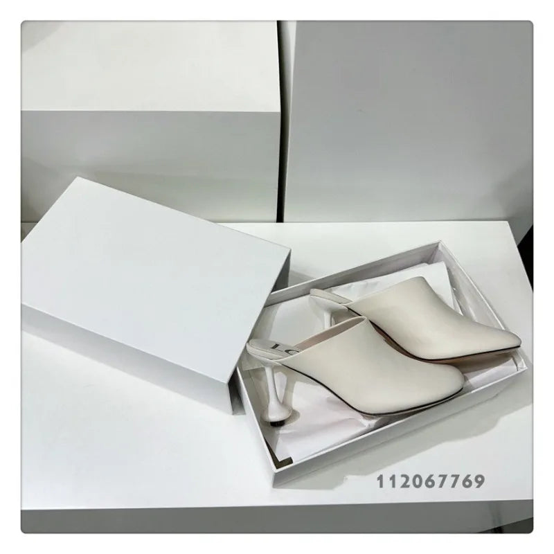 Square Toe Elegant Women Slippers Fad Mid Heels Leather Sandals Mule Shoes Trend Spring Designer Dress Femme Chaussures