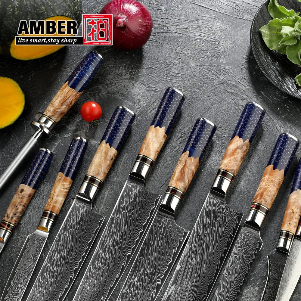 Kitchen Knives-Set Damascus Steel Chef Knife Cleaver Paring Utility Bread Knife Cooking Tool Blue Resin Handle 1-10 Pcs/Set