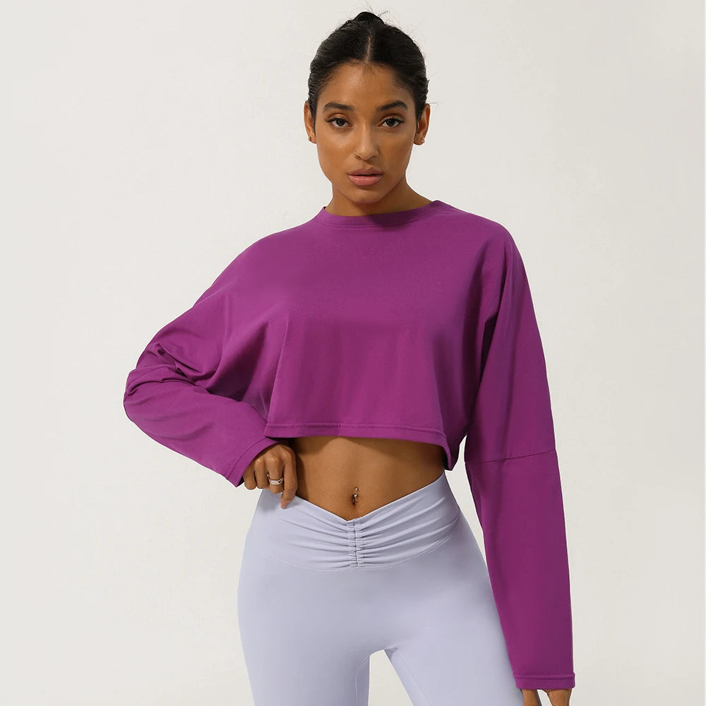 Women Long Sleeve Fitness Crop Top Soft Soild Color Workout T-Shirt Loose Running Yoga Shirt