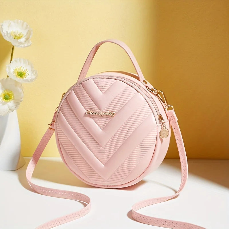 Chic Circle Crossbody Purse for Women - V-Quilted  Detachable Strap  Interior Pockets for Daily Use