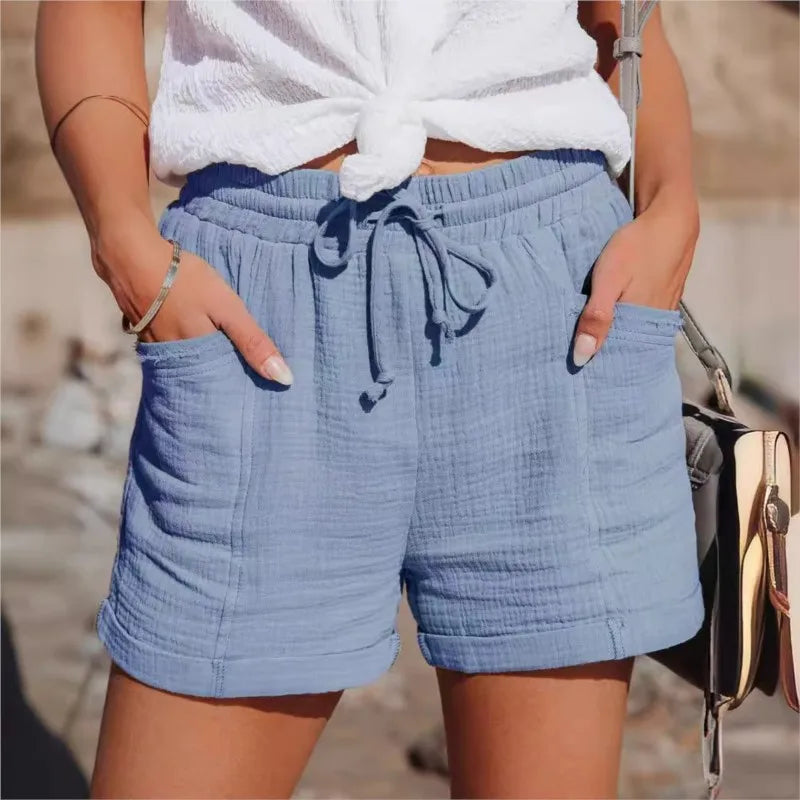 2025 Summer Women's Fashion Shorts Casual High Waist Loose Wide-leg Shorts Solid Color Lace-up Pockets Homewear Female Short