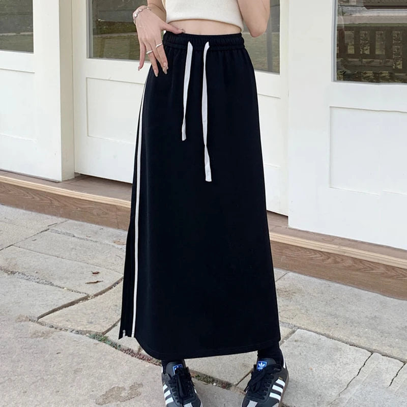 Qooth Women Sports style Elastic Waist Cotton A-line Skirt Elegant Split Long Skirt QT2155