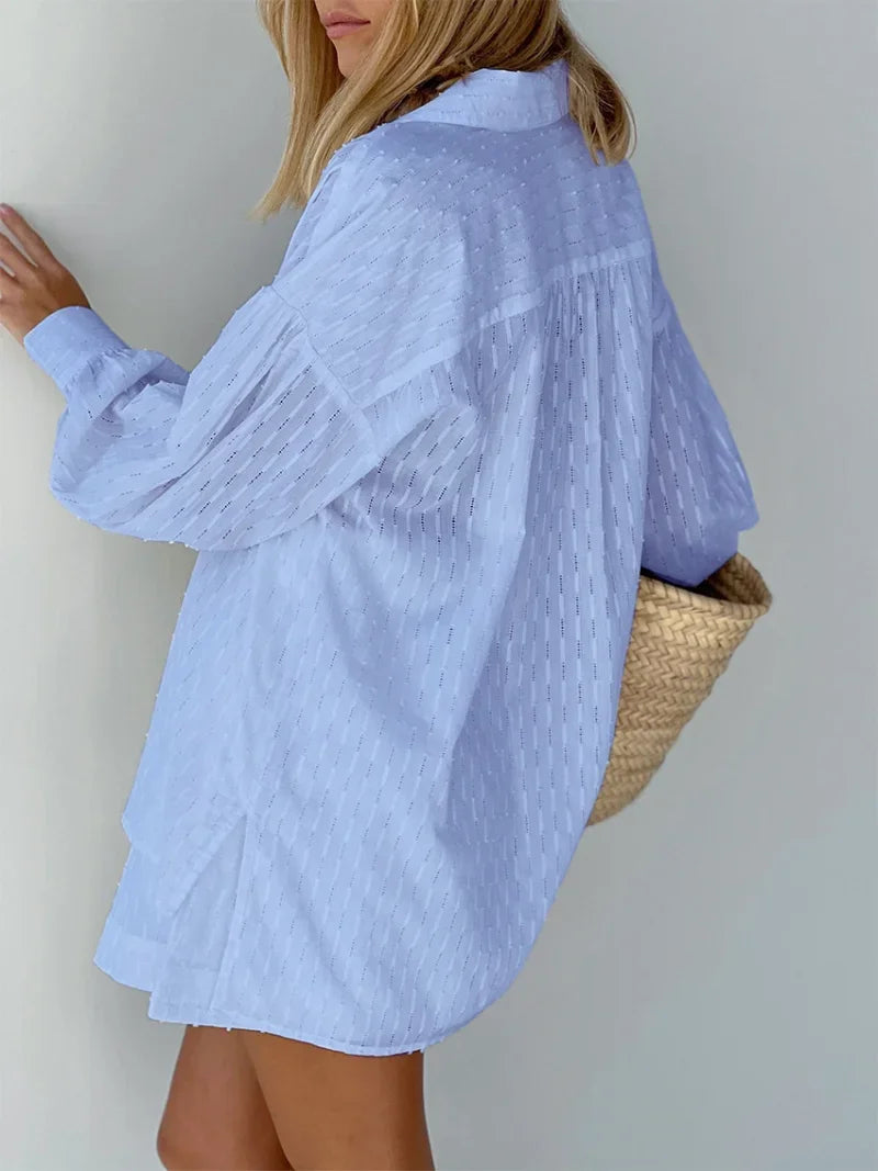 Women Jacquard Puff Sleeves Two Piece Sets for Summer Fashion Loose Shorts and Long Sleeved Shirt Outfits