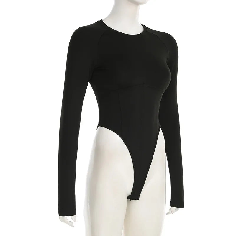 NEW Sexy Women Concise Bodysuits Basic Cut-out Solid Rompers O-neck Long Sleeve Overall All-match Casual Bodysuits Autumn Outfit