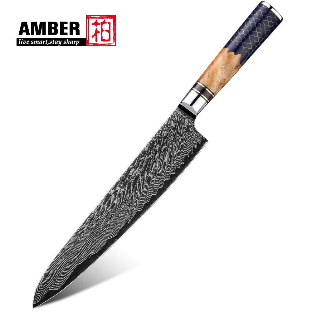 Kitchen Knives-Set Damascus Steel Chef Knife Cleaver Paring Utility Bread Knife Cooking Tool Blue Resin Handle 1-10 Pcs/Set