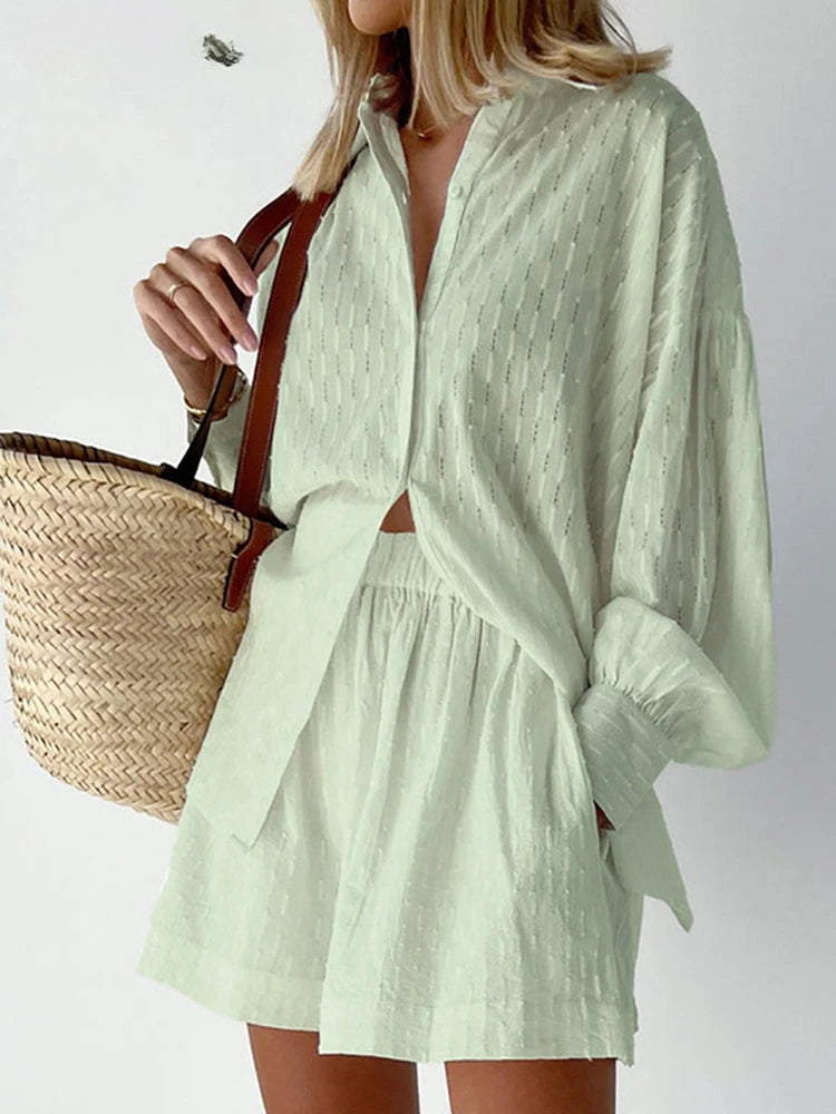 Women Jacquard Puff Sleeves Two Piece Sets for Summer Fashion Loose Shorts and Long Sleeved Shirt Outfits