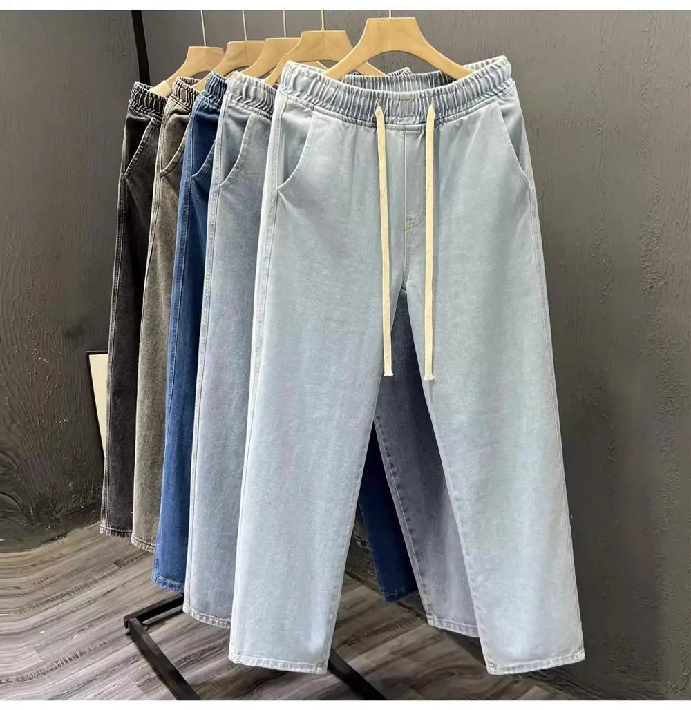 Men's Casual Loose Straight Leg Jeans Thin Wear Resistant Spring Autumn Vintage Workwear Durable Cotton Denim Trousers