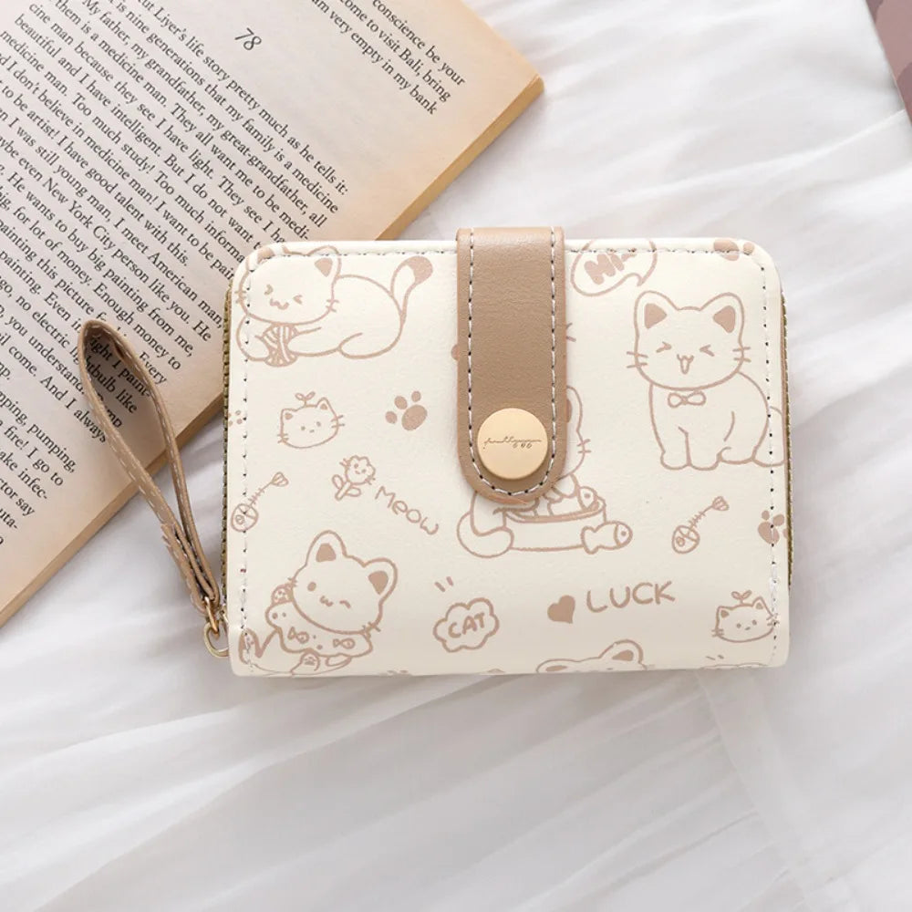 Cute Cat Coin Purse Women Fashion Short Wallet PU Leather Large Capacity Wallet Lightweight ID Card Holder Travel Cash Coin Bag