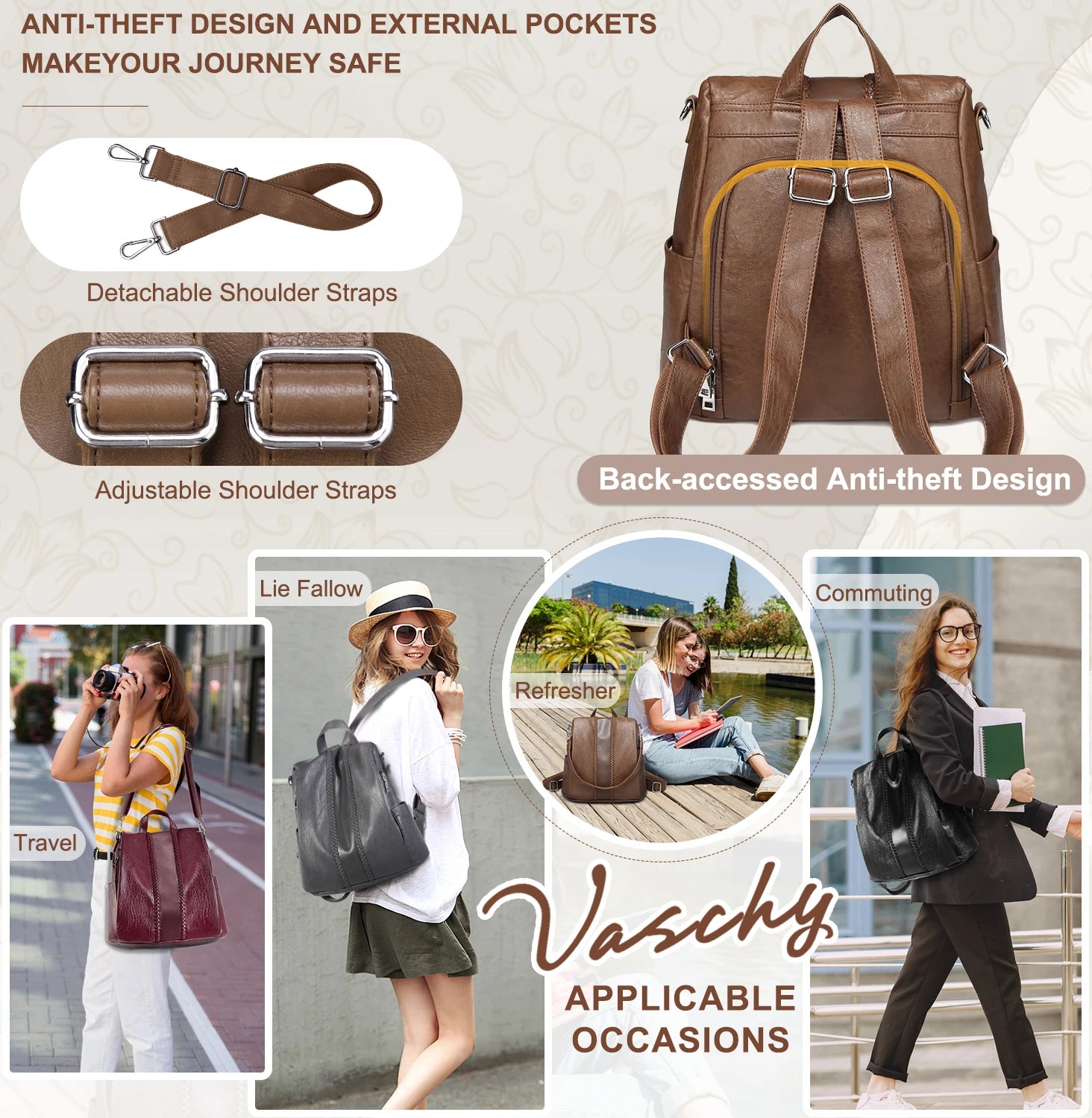 Backpack Purse for Women,VASCHY Fashion Faux Leather Anti-theft Backpack Purse Small for Ladies Bookbag Purse with Vintage Weave