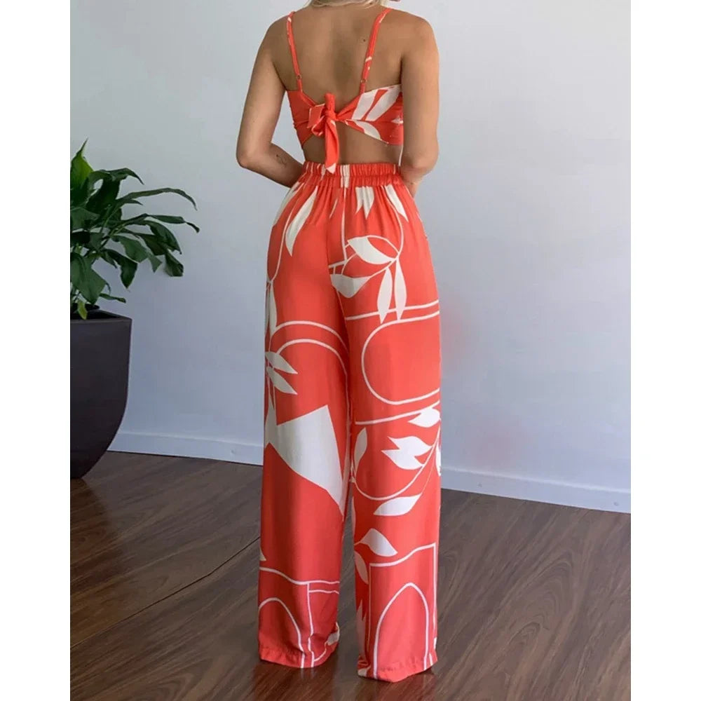 Summer Women Tropical Print Spaghetti Strap Casual Lace up Back Top &High Waist Pants Set 2 Pieces Suit Sets