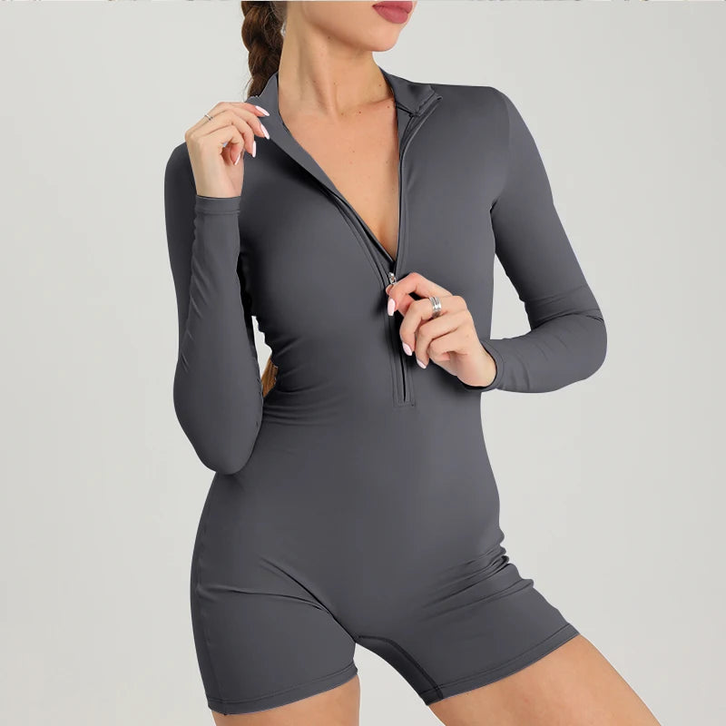 Women's Fitness Short Jumpsuits Long Sleeve Training Overalls One-Piece Sporty Suits Workout Romper Gym Clothing Woman Tracksuit