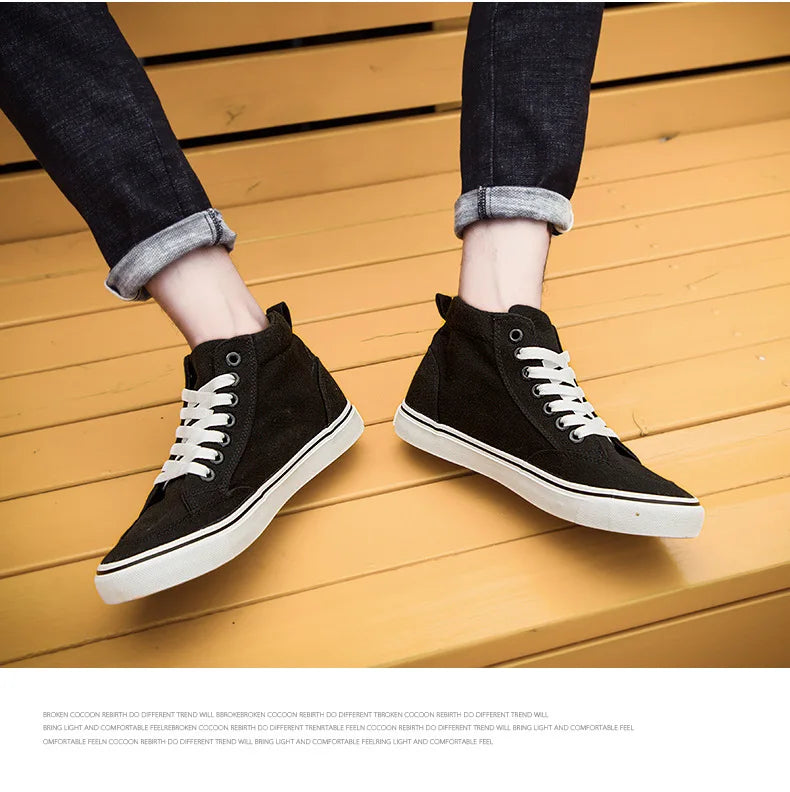 Men's High-Top Canvas Sneakers Slip-On Lace-Up Casual All-Black Basic Skate Shoes for Students Flat Sole Comfortable Sport Shoes