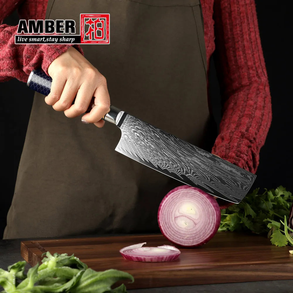 Kitchen Knives-Set Damascus Steel Chef Knife Cleaver Paring Utility Bread Knife Cooking Tool Blue Resin Handle 1-10 Pcs/Set