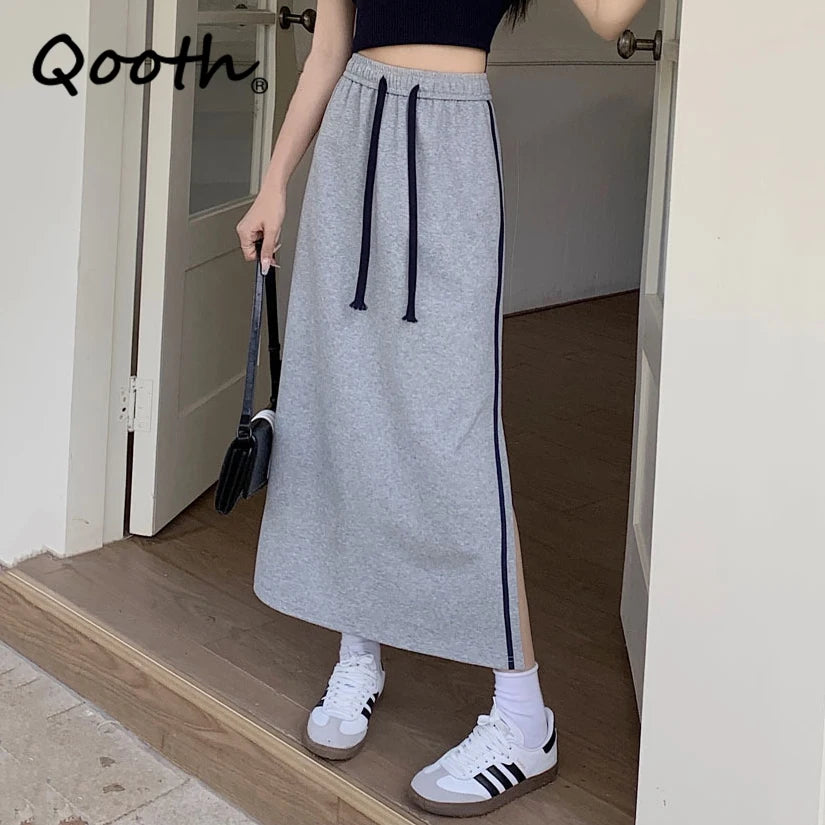 Qooth Women Sports style Elastic Waist Cotton A-line Skirt Elegant Split Long Skirt QT2155
