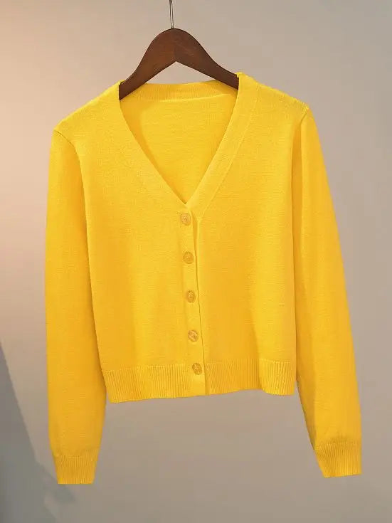 Sweater Knitted Cardigan Button Jacket 2025 Autumn Winter V-neck Long Sleeve Casual Short Tops For Women Sweater Grey White