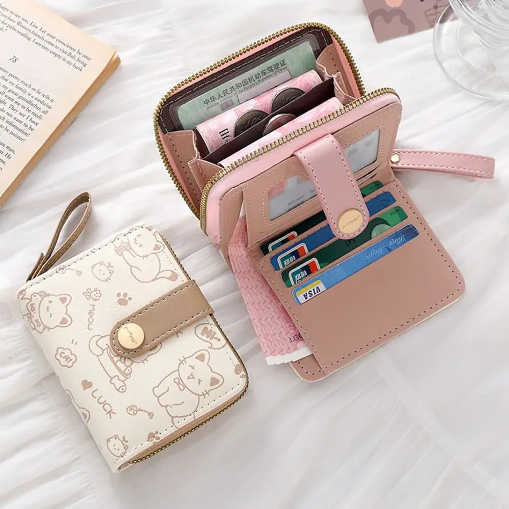 Cute Cat Coin Purse Women Fashion Short Wallet PU Leather Large Capacity Wallet Lightweight ID Card Holder Travel Cash Coin Bag