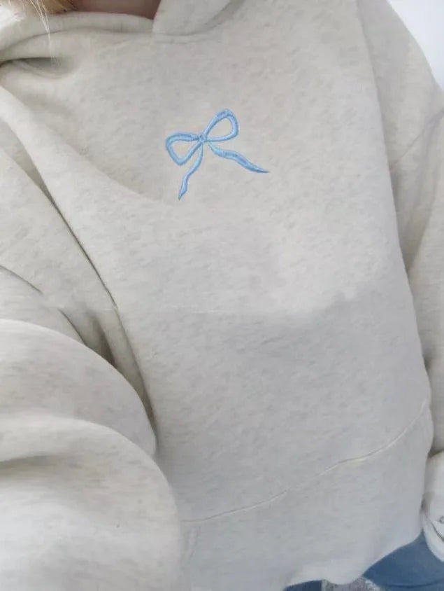 GuliriFei Women’s Loose Hoodies Bow Embroidery Long Sleeve Oversized Sweatshirts Streetwear Aesthetic Pullover Tops
