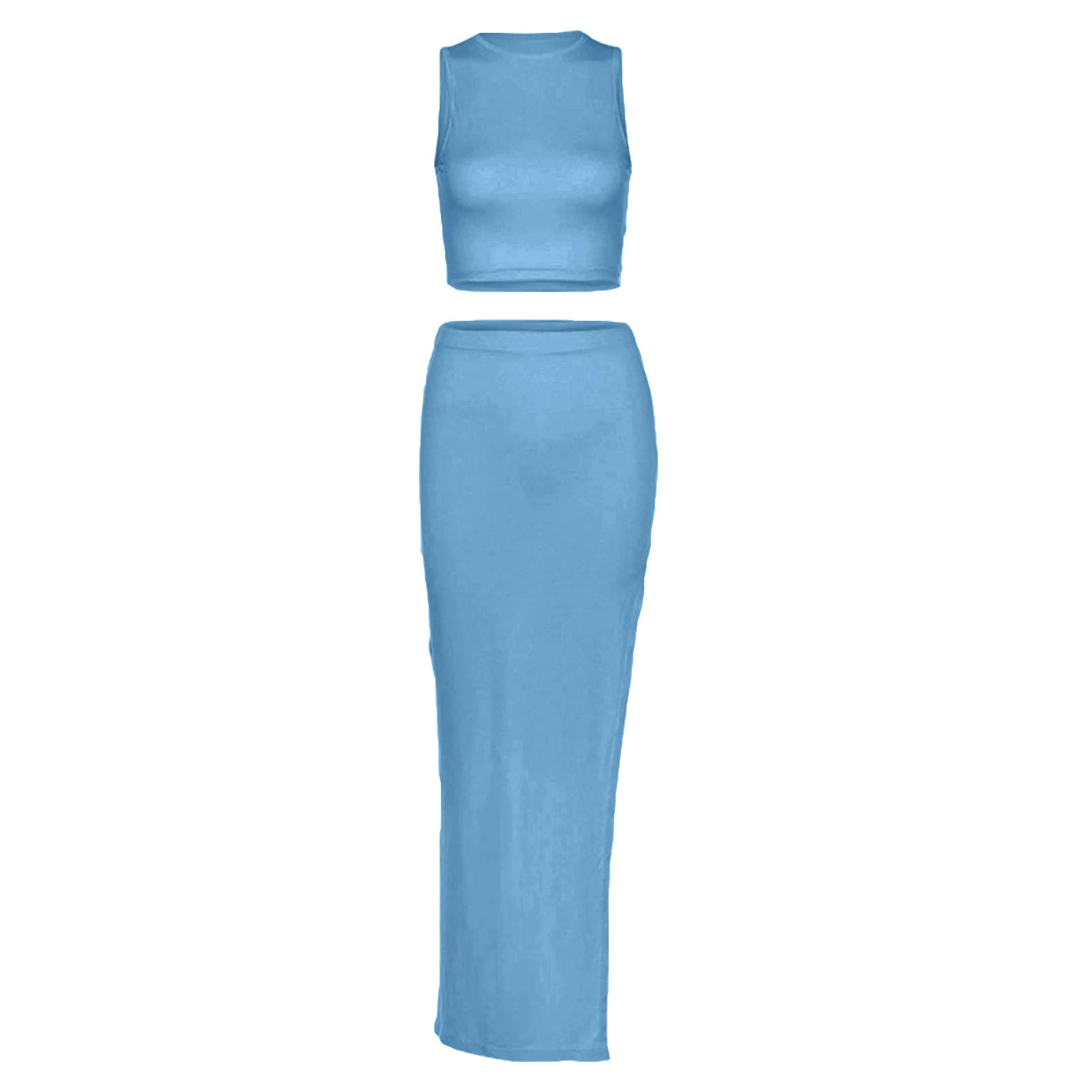 Combhasaki Women's Summer 2Piece Outfits Set Solid Color Crew Neck Sleeveless Crop Tank Tops + Wrapped Hip High Slit Long Skirts