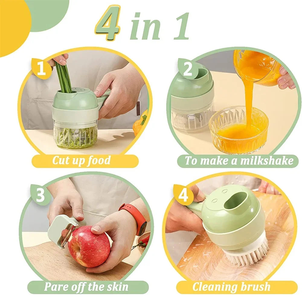 4In1 Electric Vegetable Cutter Set Handheld Wireless Electric Garlic Masher Food Chopper Meat Grinder Machine Food Peel Slice 4I