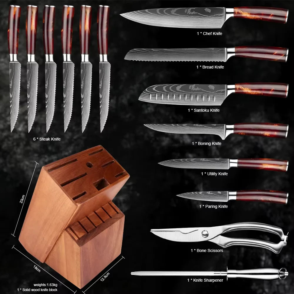 Kitchen Knife Set 15-Piece With Wooden Block,Laser Damascus Pattern Steel Professional Chef's Knife,With Scissor Sharpening Rod
