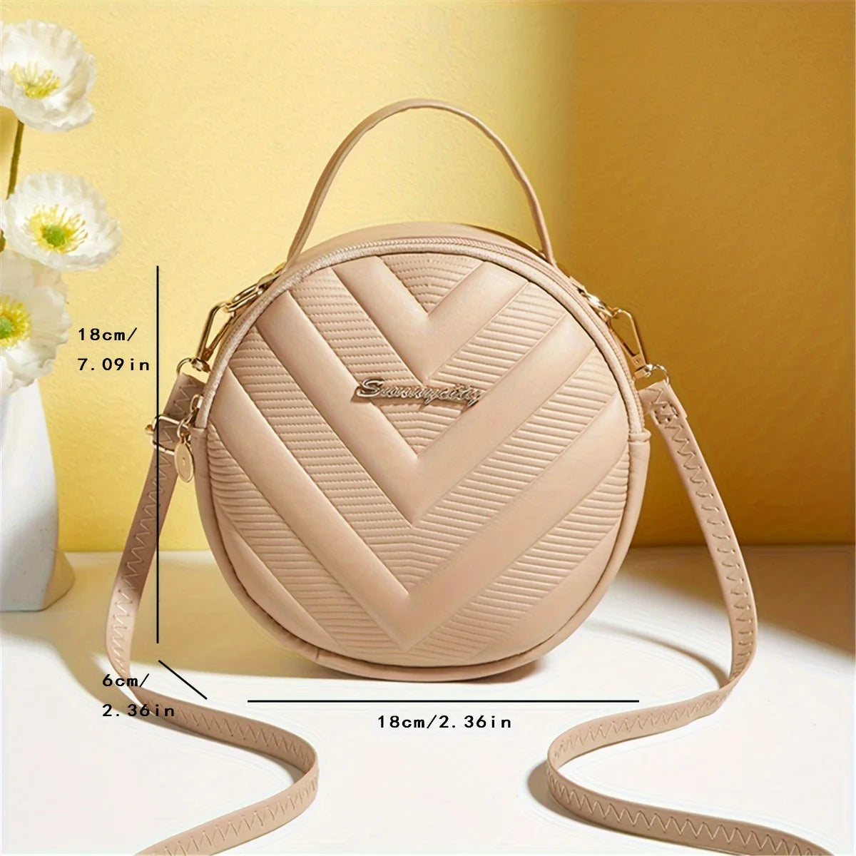 Chic Circle Crossbody Purse for Women - V-Quilted  Detachable Strap  Interior Pockets for Daily Use