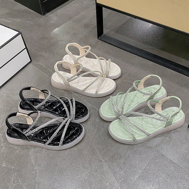 Flat-heeled Sandal Woman Rhinestone Comfortable Sandals for Women Summer New 2025 Without Heel Elegant Roman Fashion