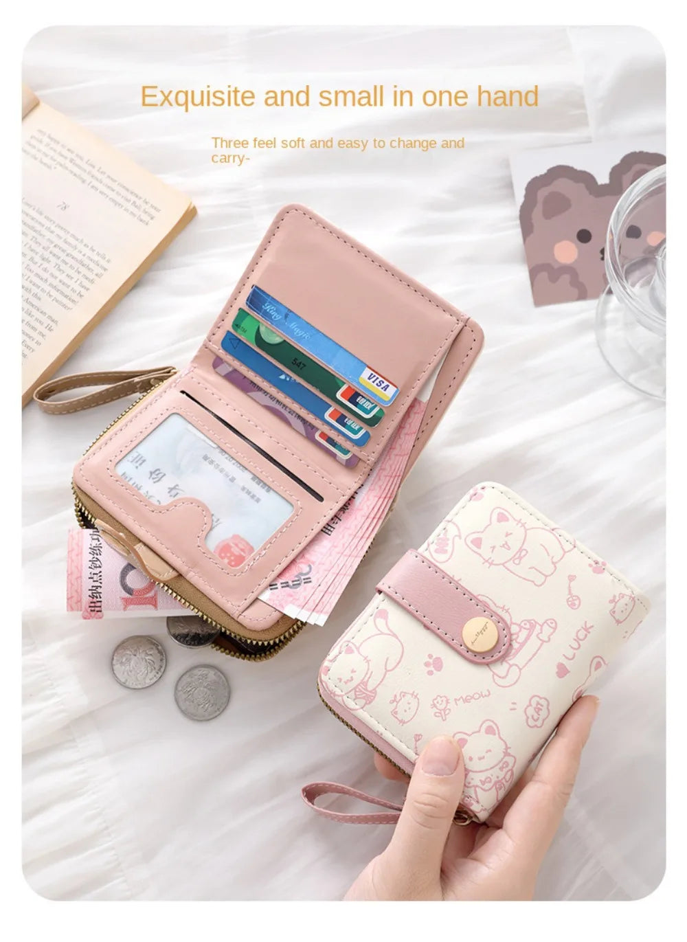 Cute Cat Coin Purse Women Fashion Short Wallet PU Leather Large Capacity Wallet Lightweight ID Card Holder Travel Cash Coin Bag