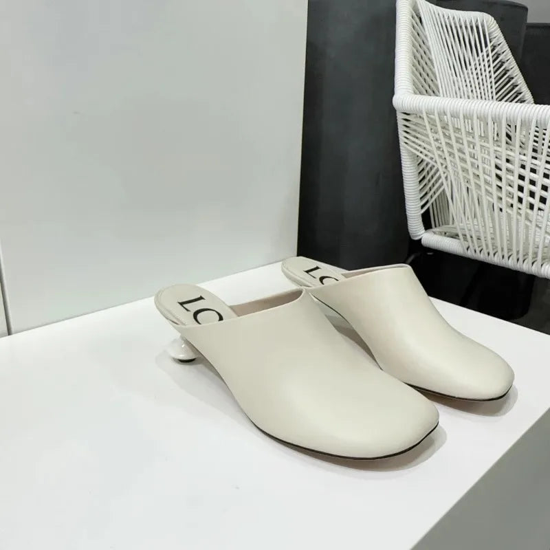 Square Toe Elegant Women Slippers Fad Mid Heels Leather Sandals Mule Shoes Trend Spring Designer Dress Femme Chaussures