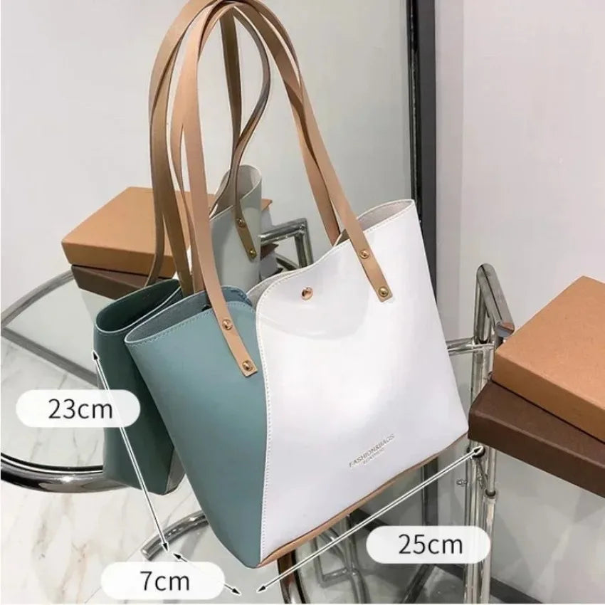 Women Pu Leather Ladies Purses and Shopping Bag Casual Large Capacity Patchwork Bag Hot Stamped Contrast Color Shoulder Bags