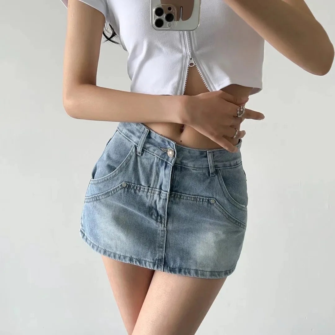 Skirts for Women Sexy Slim Solid Colour Pockets Spliced 2024 Summer Casual Femme High Waist Wrap Hip Mini Short Denim Skirt
